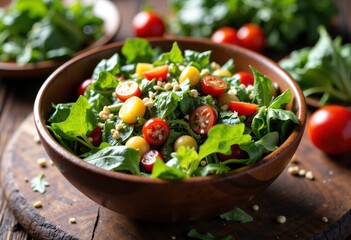 Fresh mixed salad with cherry tomatoes, greens, and vegetables in a wooden bowl