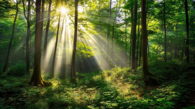 Sunlight shining through green leaves in the forest