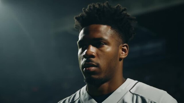 Confident baseball player posing under stadium lights