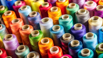 A vibrant collection of colorful thread spools, densely packed together, showcasing a variety of bright colors and textures