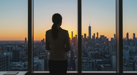 Silhouette of a businessman looking towards the urban sky, envisioning a successful career in the city