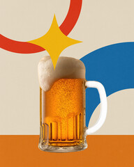 Poster. Contemporary art collage. Green beer bottle with flowing foam, framed by layered abstract...