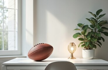 Modern workplace interior with rugby ball near white wall. Stylish, minimalist office setting with table lamp, plant, window. Ideal for modern design, work, lifestyle, sport, home decor, leisure