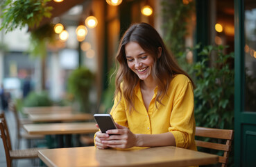Young woman smiles joyfully using smartphone at cafe. Browsing internet on mobile device. Happy female in yellow shirt is chatting, texting, reading, or working outside. Internet lifestyle.
