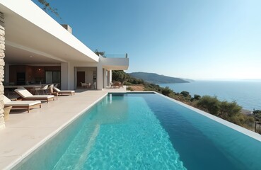 Fototapeta premium Modern luxury villa with infinity pool overlooks Mediterranean sea. Beautiful coastal seascape, panoramic ocean view, blue skies, vacation vibes. Perfect for travel, tourism, lifestyle content.