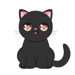 Cute sitting anime cat with heart eyes. Cute black cat in anime style. Vector illustration