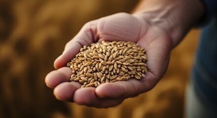 Farmer hand holding golden wheat grains, symbolizing harvest and agriculture