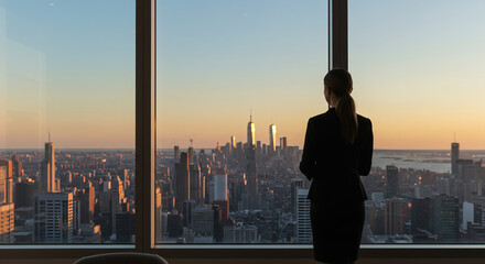 Silhouette of a man on a bridge at sunset with the city skyline and clouds