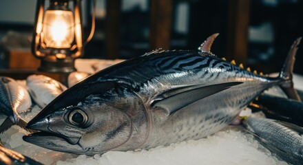 Close up of a freshly caught skipjack tuna displayed on crushed ice