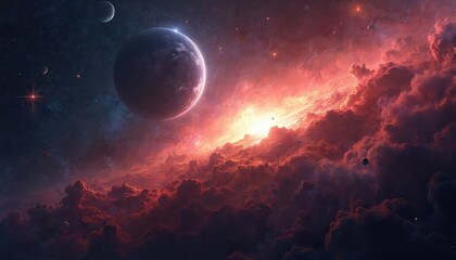 Spectacular space wallpaper with vibrant nebula, planets, stars, galaxies. Amazing cosmos view with bright flares, deep red clouds. Abstract universe background, ideal for desktop design, sci-fi,