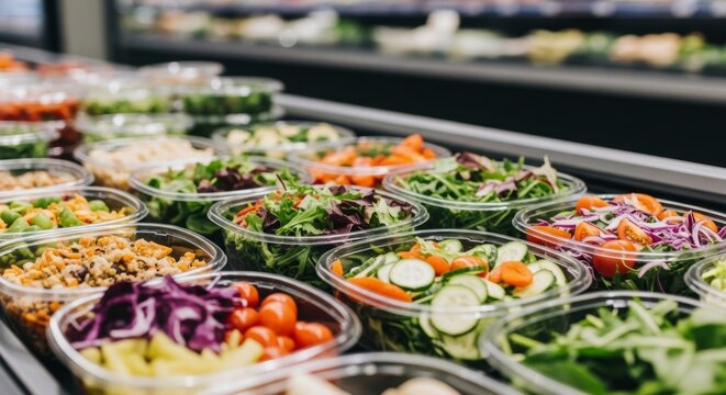 Vibrant fresh pre cut salads and vegetables in clear plastic containers on display