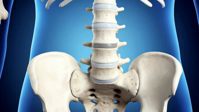 Anatomical illustration shows the lumbar spine and pelvis bones with detailed bone structure on a bright blue background.