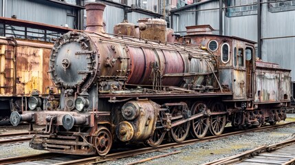 Naklejka premium Vintage rusted steam locomotive standing idle on tracks in an industrial train yard, showcasing decay, heritage and mechanical history.