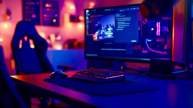 Neon-lit gaming setup with mechanical keyboard, mouse, large monitor, and LED-lit PC in a cozy room with ambient purple and orange lighting.