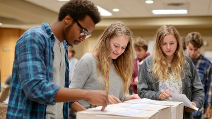 Group of young adults participating in a voting process, standing at ballot boxes and reading papers in a civic or educational setting.
