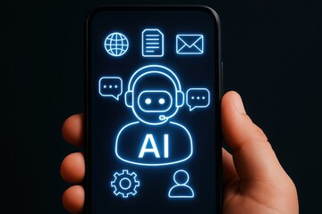 Hand holding smartphone displaying glowing ai chatbot interface with communication icons
