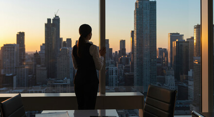 Silhouette of a business woman in a city, looking at the urban skyline with a view of skyscrapers and office buildings