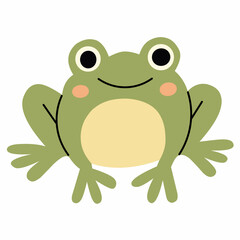 Smiling green frog in flat cartoon style. Ideal for nature, rainy season, kids learning, amphibians, animals, or cute educational illustrations.