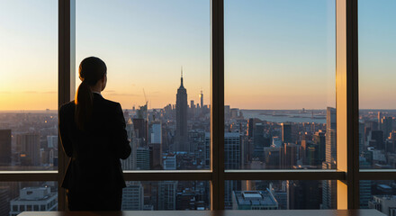 Silhouette of a woman looking at the urban sky, envisioning success in the city