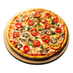 Pizza with tomatoes mushrooms and cheese on a wooden board isolated on white background food