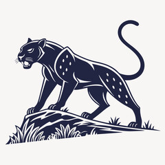 Powerful black panther silhouette atop a hill, perfect for logo design. A stylized silhouette of a black panther perched atop a stylized hill, evoking strength and wildness. 