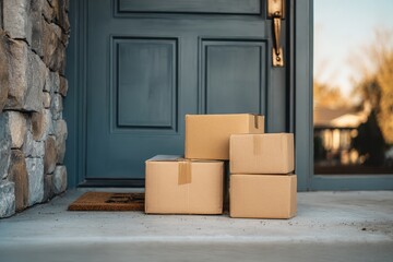 Packages Front Door. Online Shopping Deliver to Home with Business Cardboard Boxes