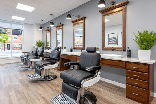 Empty barbershop chairs waiting for customers in modern salon