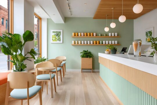 Modern juice bar interior with minimalist pastel green and wooden design