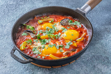 Shakshuka with mushrooms and yellow peppers topped with eggs and cilantro