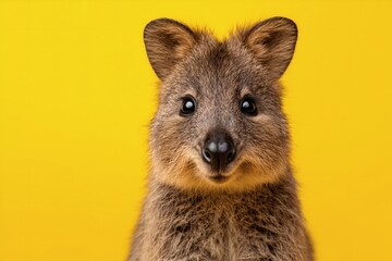 Naklejka premium quokka on yellow background closeup, smiling cute animal, concept happiness positivity