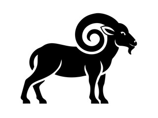 Silhouette of a ram, perfect for design elements and animal icons. A clean, bold silhouette of a ram, facing to the side, against a plain white background. 
