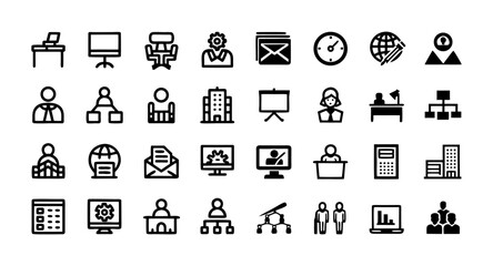 Office Workspace Line Icon Set – Vector Illustration of Workplace, Desk, Coworking Space, Employee, Office Furniture, Computer and More – Editable Stroke Icons

