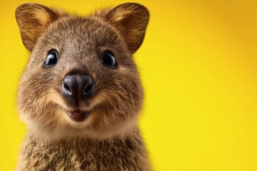 Fototapeta premium quokka smiling on yellow, cute marsupial closeup, concept happiness joy
