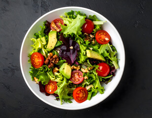 Healthy vegan salad with greens and avocado in a white bowl over a matte black background.