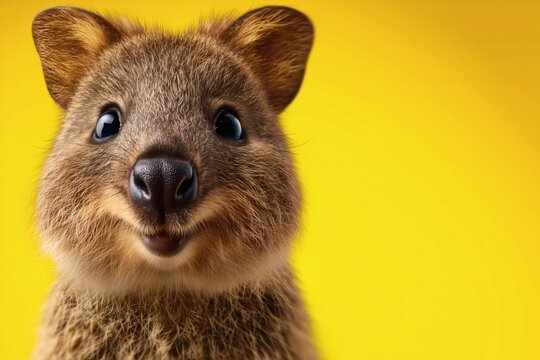 quokka smiling on yellow, cute marsupial closeup, concept happiness joy - Powered by Adobe