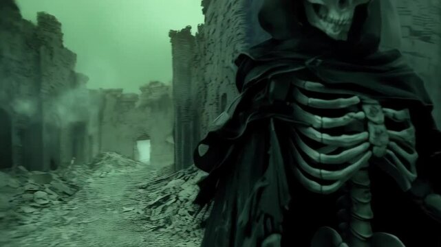 A skeleton grim reaper with a poleaxe leading an army in a foggy ruined castle landscape