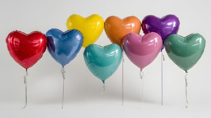 Colorful Heart Balloons in a Row Against a White Background