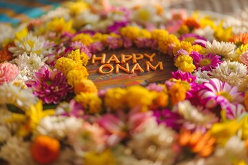 Arrangement of flowers on the floor. Onam festival concept