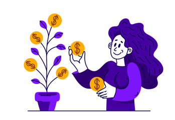 Young woman has a pot with a money tree, vector concept of savings and investments, return on investment, finance.