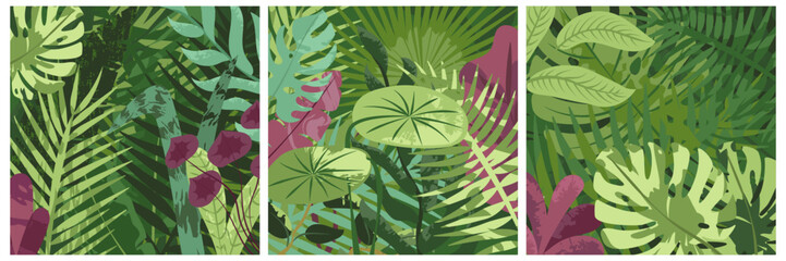Tropical leaves background. Nature, exotic plants, flowers, botanical border, floral banner, card design. Leaf greenery, lush garden, botany pattern. Flat vector illustration set