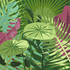 Nature background. Tropical green leaves, exotic plants, flowers, botanical border, floral banner, card design. Leaf greenery, lush garden, botany pattern. Flat vector illustration