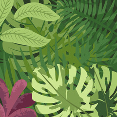 Nature background. Tropical green leaves, exotic plants, flowers, botanical border, floral banner, card design. Leaf greenery, lush garden, botany pattern. Flat vector illustration