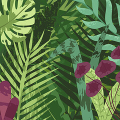 Nature background. Tropical green leaves, exotic plants, flowers, botanical border, floral banner, card design. Leaf greenery, lush garden, botany pattern. Flat vector illustration