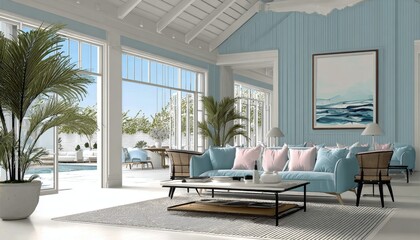 Charming Hamptons Styled Living Room with Soft Pastel Hues, Cozy Furnishings, and Coastal Artwork