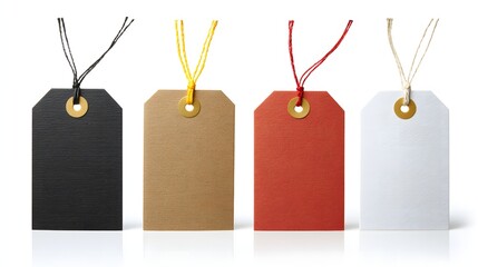 Four Colorful Textured Tags with String on White Background