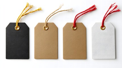 Four Textured Tags in Black Brown and White with Colored Strings
