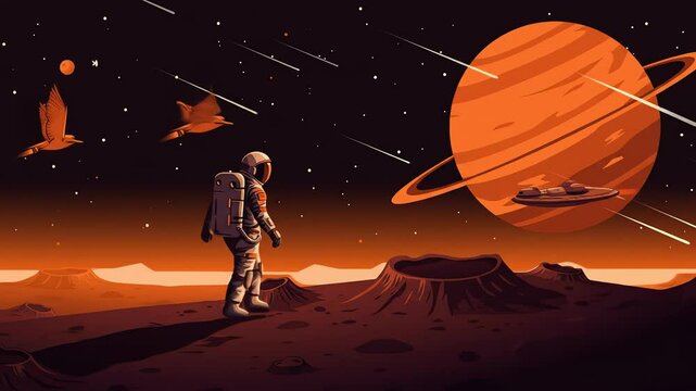 An astronaut stands on an orange planet gazing at a larger ringed planet in the starry sky