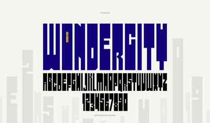 Geometric bold and strong vector font for logos and emblems, heavy letters alphabet for posters and advertising, display typeface with huge brutal and urban letters.
