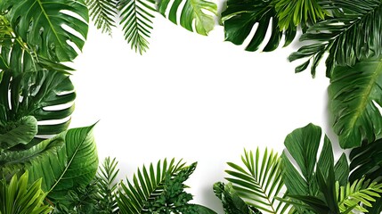 Tropical Green Leaves Frame on White Background with Copy Space for Text