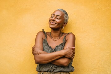 Self Care Black Woman. Happy Senior African American Woman Smiling Confidently, Embracing Herself with Joy and Self Love